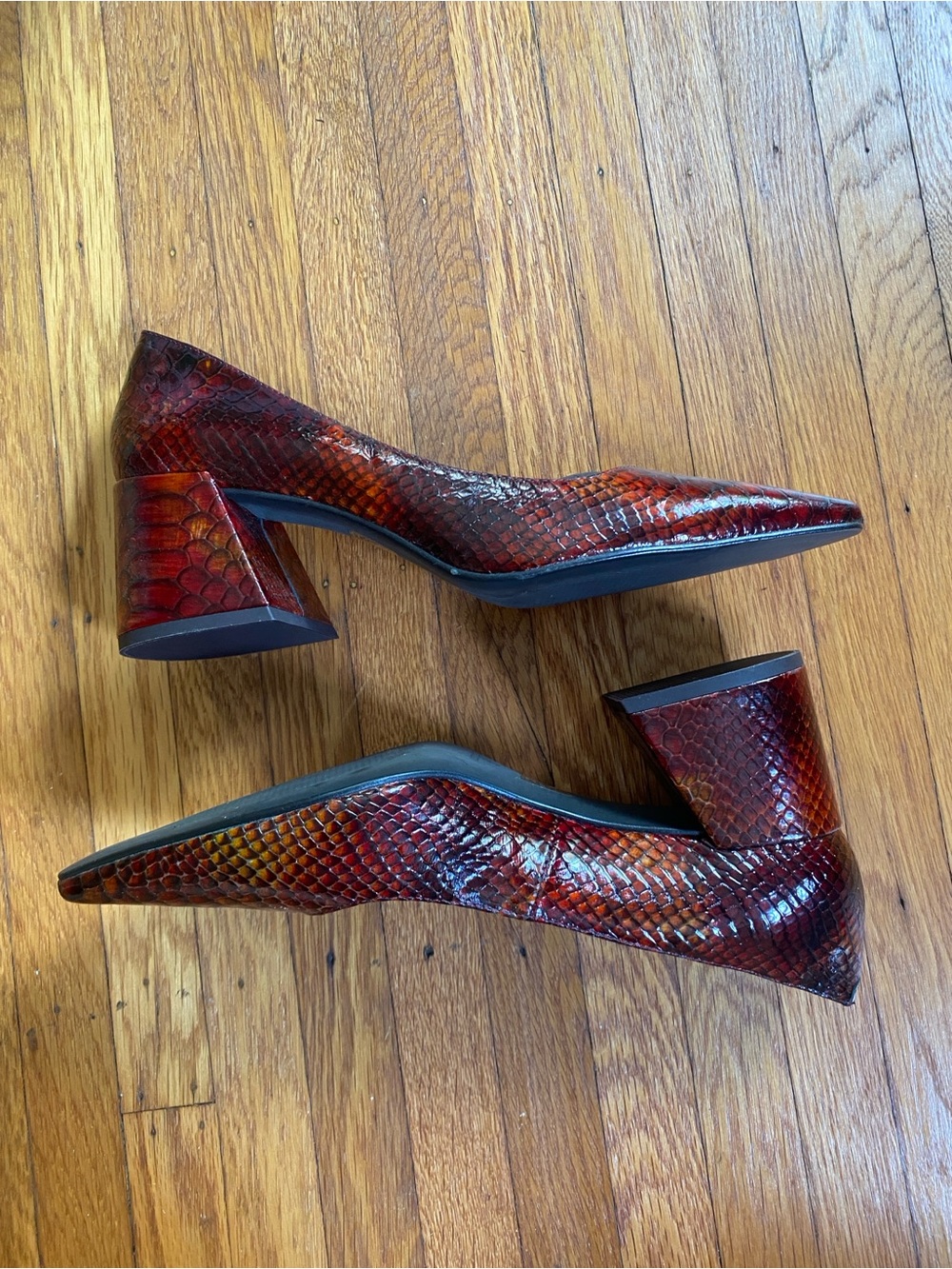 L'INTERVALLE Leather Faux Snakeskin Pointed Block Heel Pumps